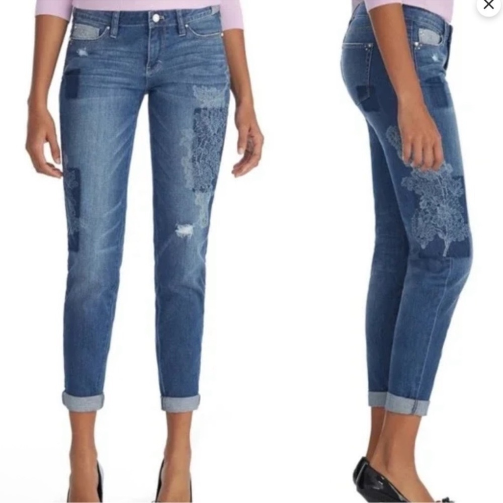 White House Black Market Blue Girlfriend Jeans with Floral Print Rhinestone SZ 6
